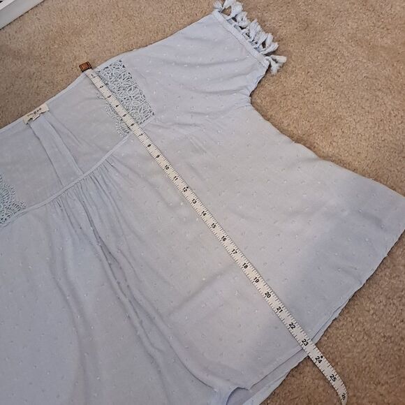 Umgee Women’s Top Powder Blue Swiss Dot Square Neckline Lace Detail Tassels Med - Picture 13 of 15